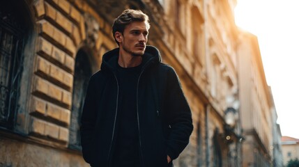 Fototapeta premium Stylish Man in City Scene: A fashion-forward individual confidently walks along an old European street, embodying a sense of urban elegance and sophisticated style. 