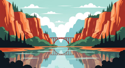 Vector flat design illustration of a scenic river canyon with a bridge and reflections on the water surface © denijulianto