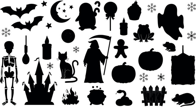 Black Halloween Silhouette Icon Set with Skeleton, Grim Reaper, Pumpkin, Cat, Bat, and Haunted Castle for Spooky Holiday Design