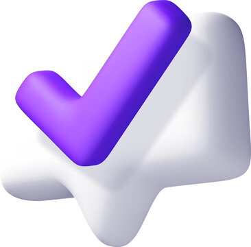 3D purple check mark inside white speech bubble