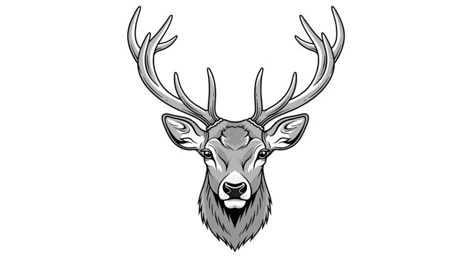 A majestic male deer head with impressive antlers is depicted in a detailed, stylized black and white illustration on a white background.