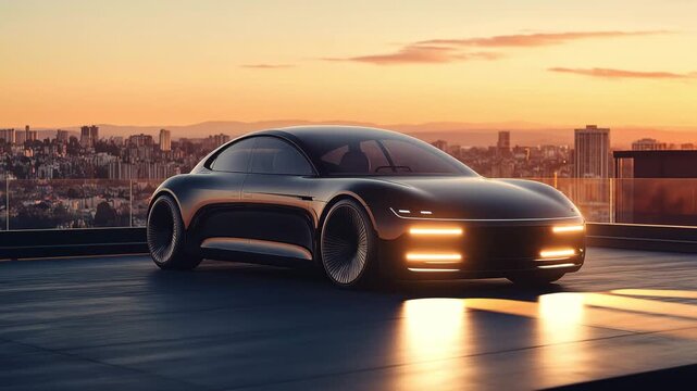 An electric car is parked on a rooftop overlooking a city skyline at sunset