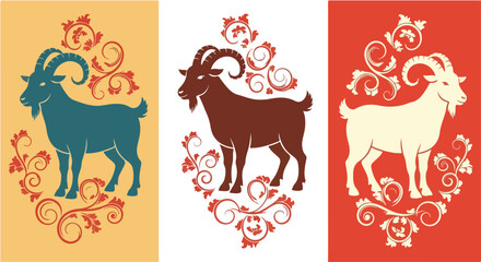 Obraz premium Stylized vector graphic illustration of three goats with ornate floral flourishes in a decorative design
