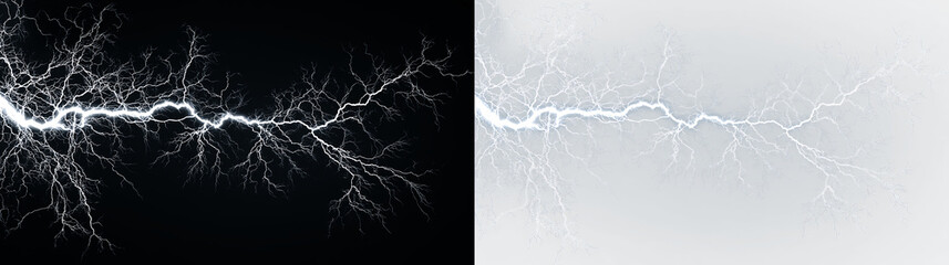 Blue and white lightning bolt with electric discharge isolated on transparent and black background creating a striking visual effect during stormy weather conditions, light overlay, PNG © Liubov
