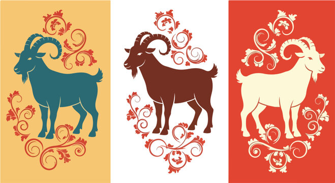 Stylized vector graphic illustration of three goats with ornate floral flourishes in a decorative design