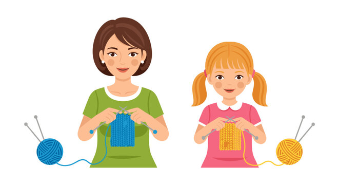 A mother and her young daughter happily engage in a knitting activity, each creating colorful fabric with yarn and needles, symbolizing cherished family bonding time.