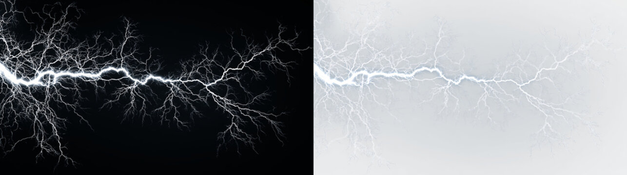 Blue and white lightning bolt with electric discharge isolated on transparent and black background creating a striking visual effect during stormy weather conditions, light overlay, PNG