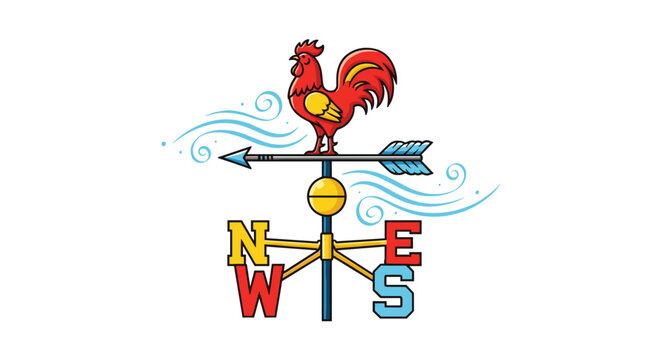 A vibrant cartoon illustration of a traditional weathervane with a red rooster and a blue arrow indicating wind direction, surrounded by stylized wind gusts.