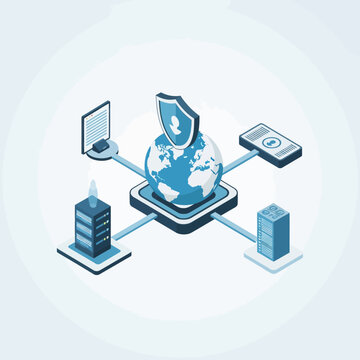 A globe with a shield connected to a network representing security