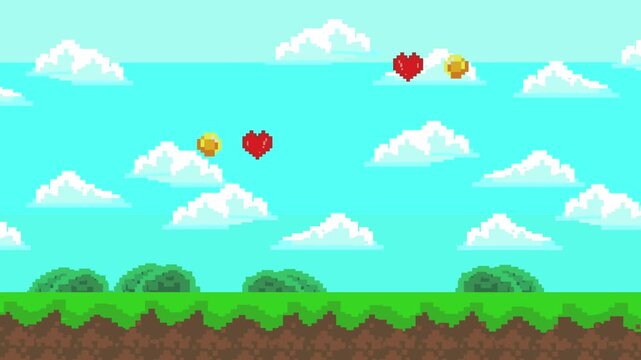 Pixel art animation of a scene with Platforms, trees, hearts and coins, passing by, art, vintage, pixel, 2D.
