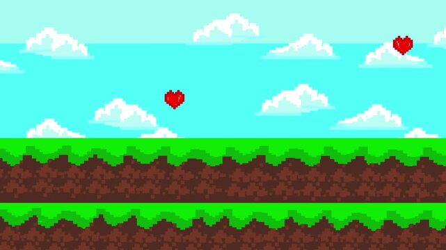 Pixel art animation of a scene with Platforms, hearts and coins, passing by, art, vintage, pixel..
