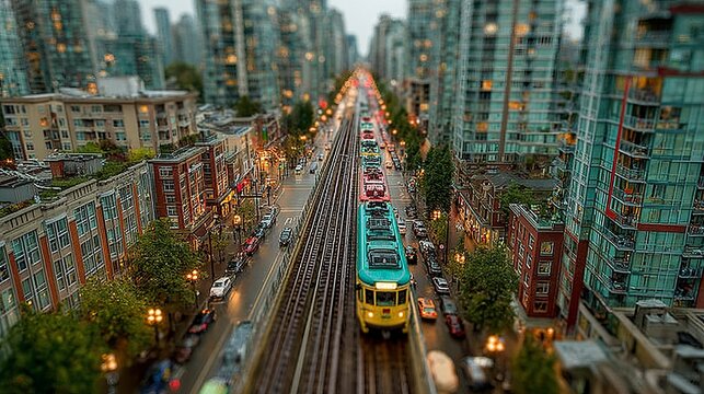 Urban transportation - A vibrant tramway journey through a bustling city.