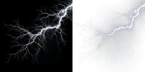 Blue and white bright lightning bolt striking down with isolated on transparent and black background for design use and creative projects, light overlay, PNG © Liubov
