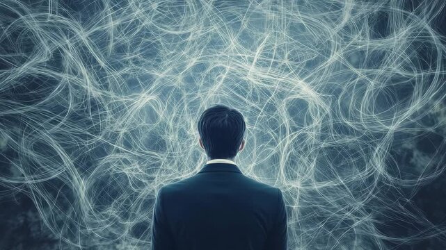 Individual observes complex swirling patterns in an abstract space during nighttime