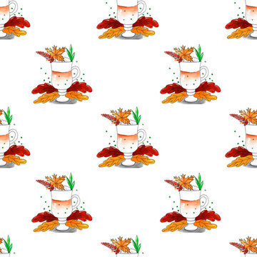 Seamless pattern with watercolor pumpkin spice latte in glass mugs. Traditional autumn leaves in orange and red hues surround the drinks. Hand-drawn artistic elements on a transparent background.