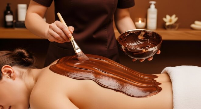 Woman receiving chocolate body wrap at spa. Relaxation and beauty treatment for skincare. Concept of wellness and luxury.