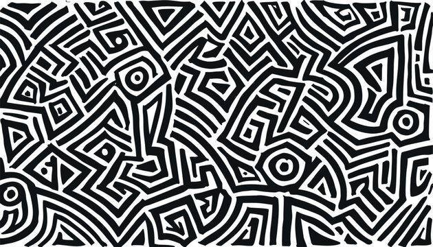 Abstract hand drawn black and white tribal doodle pattern with geometric maze lines and ethnic shapes