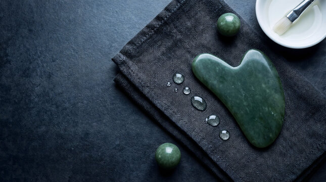Green jade gua sha tool with massage stones and water drops on dark linen cloth flat lay