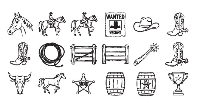 Western Cowboy Icons, Vector Set of 20 Black Line Illustrations, Rodeo Symbols, Ranch Signs