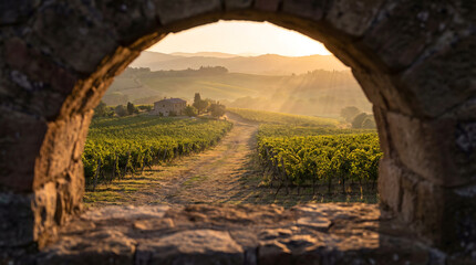 Obraz premium Tuscan vineyard at golden hour seen through ancient stone arch with farmhouse and rolling hills