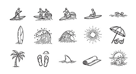 Beach icons, summer symbols, surf illustrations, vacation elements, 20 black line art graphics © Rosie