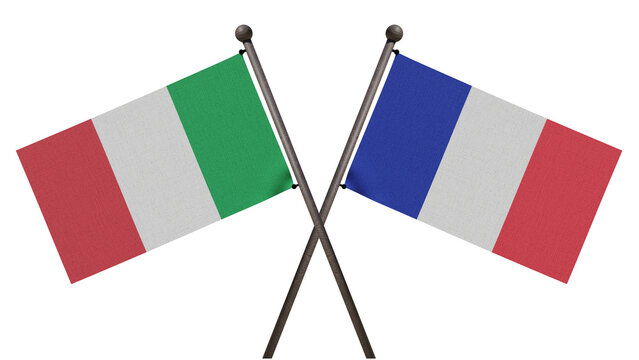 3D render of France and Italy flags crossed on white background, symbolizing European diplomacy and partnership