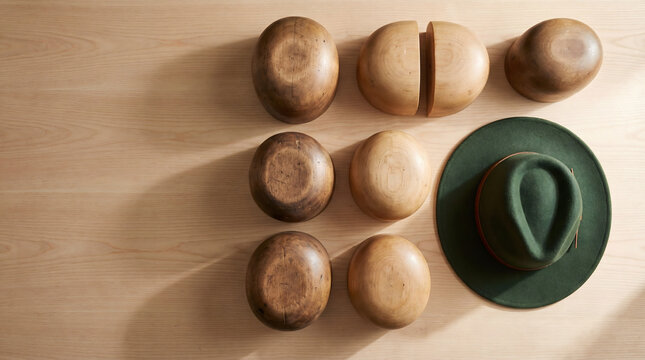 Wooden hat blocks and green felt fedora arranged on light wood workbench in millinery workshop