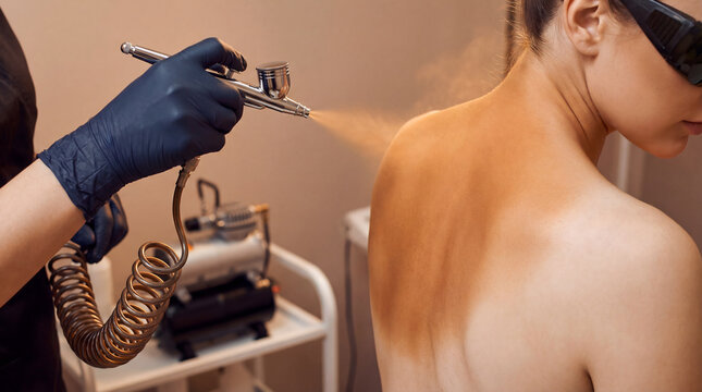 Beautician applying spray tan on female client back in beauty salon with airbrush