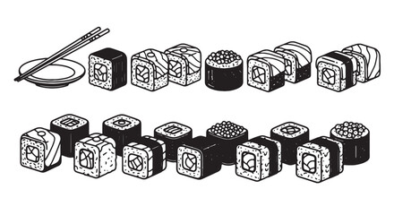 Sushi vector icons, Japanese food illustrations, seafood meal graphics, restaurant menu elements © Rosie