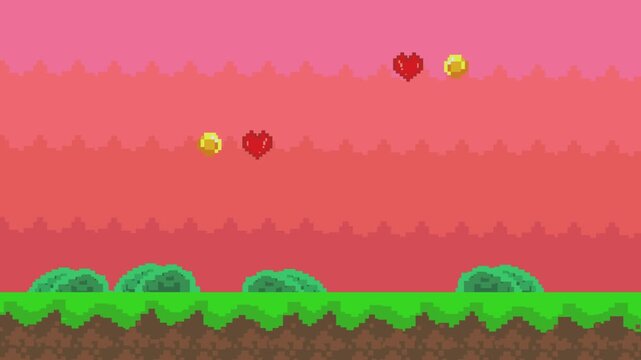 Pixel art animation of a scene with Platforms, hearts and coins, passing by, art, vintage, pixel, 2D..