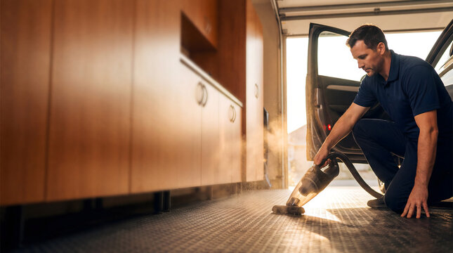 Professional detailer vacuuming car interior with handheld vacuum at golden hour sunset