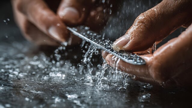 Landscape‑oriented ultra‑realistic close‑up of hands rinsing a stainless steel tablespoon used for sauces, curves catching water, reflections, warm neutral background