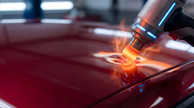 Induction heating tool removing dent on red car body panel in modern auto repair workshop