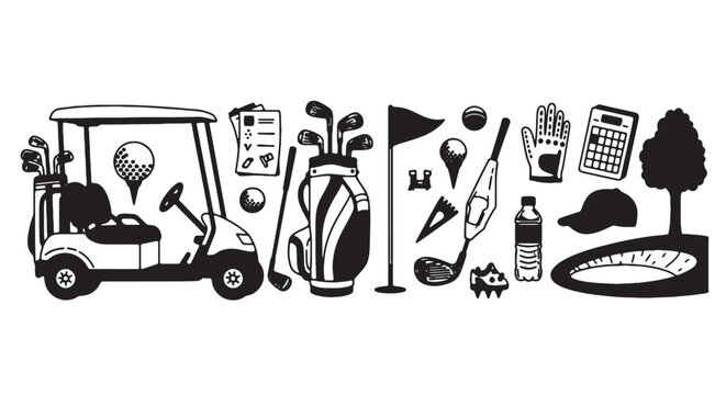 Golf, golfing, golf club, golf cart, accessories, icons, set, black and white, vector
