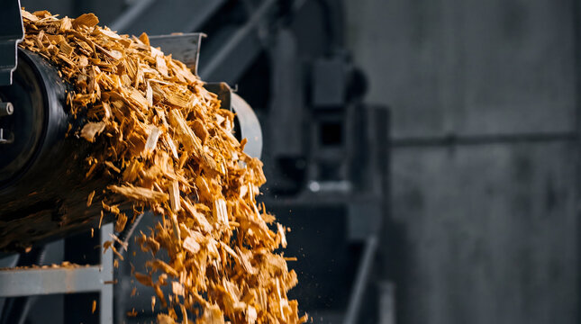 Wood chips falling from industrial conveyor belt at biomass processing plant