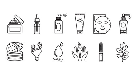 Fototapeta premium Skincare, beauty, and wellness icons, 10 vector symbols, black and white, line art, cosmetics