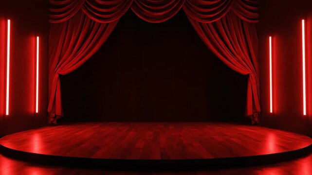Stage with red curtains and neon lights.