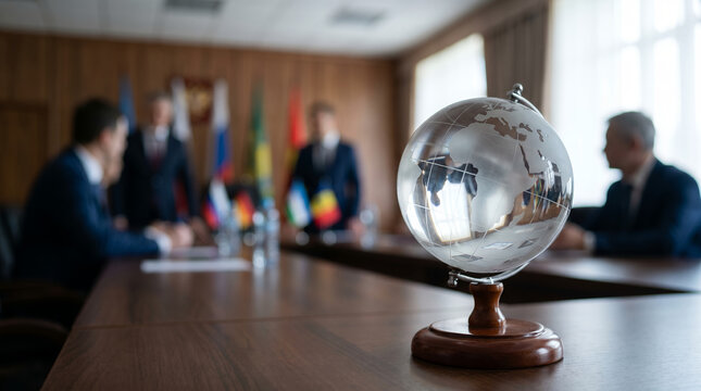Businessmen discussing global issues around a table with globe  