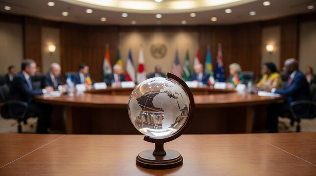 Global leaders discussing at a roundtable with a globe in focus  