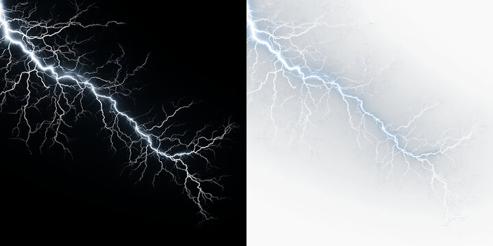 Blue and white lightning bolt with bright white glow isolated on transparent and black background during a storm, light overlay, PNG