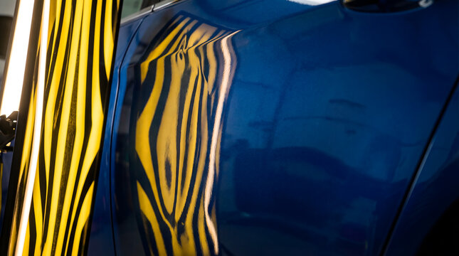 Yellow striped PDR reflection board on glossy blue car body panel for paintless dent repair inspecti