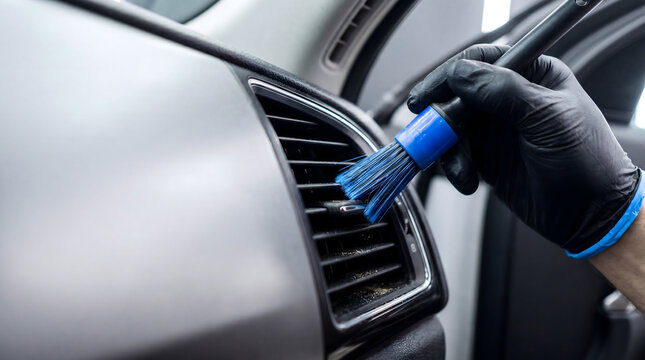 Auto detailer cleaning car air vent with blue brush wearing black nitrile gloves
