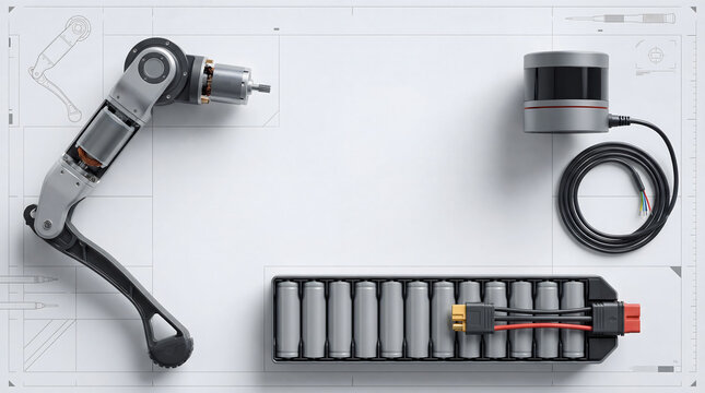 Robotic dog components flat lay with servo motor lidar sensor and battery pack on technical blueprin