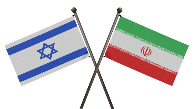 3D render of Iran and Israel flags crossed on white background, representing Middle Eastern geopolitical tension