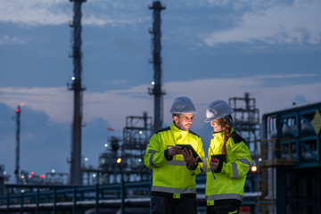 Two petroleum engineers team male and female hold tablet discussing and monitoring data for maintenance during night shift at oil refinery plant engineering teamwork industrial energy operation. © BESTIMAGE