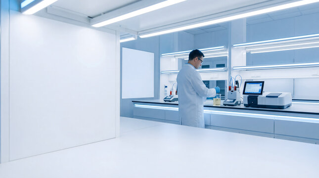 Scientist in white coat conducting polymer test in modern bright laboratory