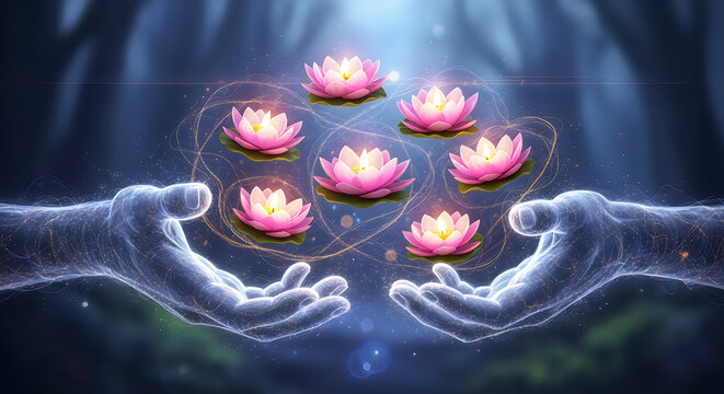 Mystical hands holding seven glowing pink lotus flowers