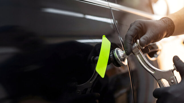 Technician using paintless dent repair tool with glue tab on black car body in auto workshop