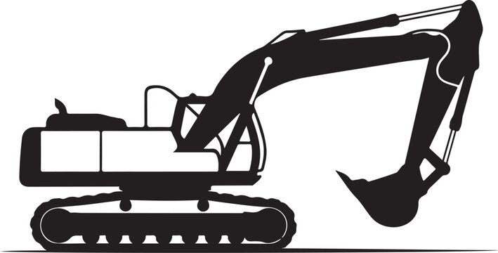 Black excavator silhouette, heavy machinery icon, construction equipment vector, digger outline