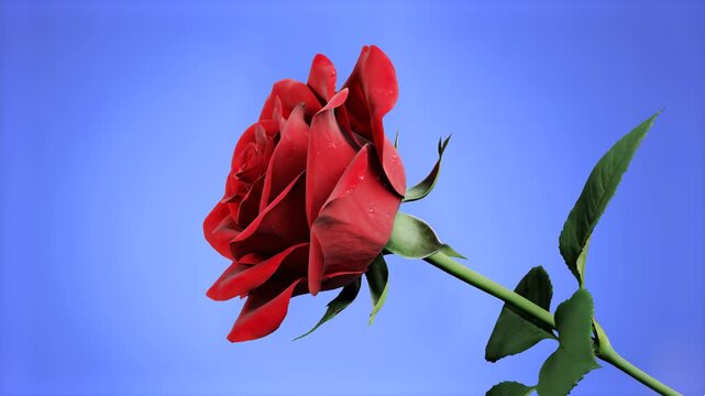 A detailed 3D render of a fully bloomed red rose with delicate petals and stem, isolated against a clear blue backdrop. Ideal for Valentine's Day promotions, romantic greeting cards, anniversary visua